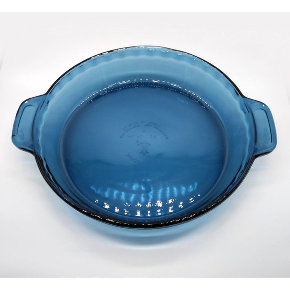 Vintage Anchor Hocking Blue Pie Plate Fluted Dish with handles - Picture 6 of 7